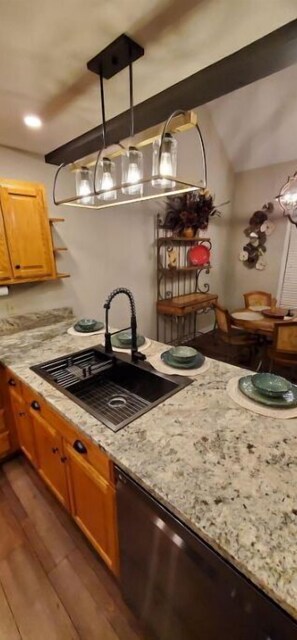 Open concept  kitchen with granite countertops. 