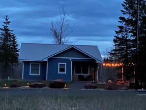 Evening view with party lights in patio area