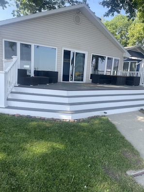 Big balcony overlooking direct view of Lake Wawasee