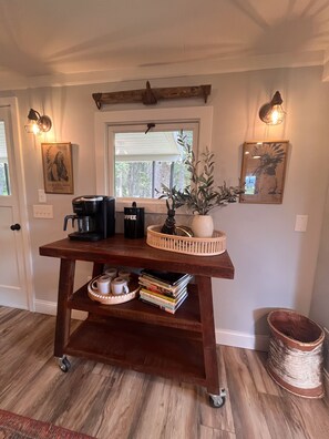 Coffee area with some coffee to get you started.  Normal coffee pot and pods.