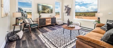 Beautiful, airy living room with smart tv