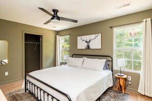 Boasts with a sleek design, complete with a ceiling fan to keep you cool during those warm summer nights. The large windows and a closet that offers ample storage make this room a true sanctuary.
