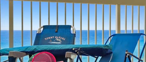 Beach chairs, umbrella, toys