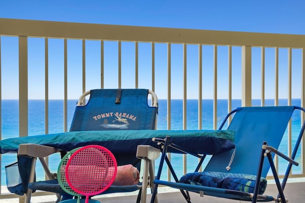 Beach chairs, umbrella, toys