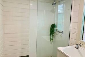 Renovated bathroom with shower and large sink