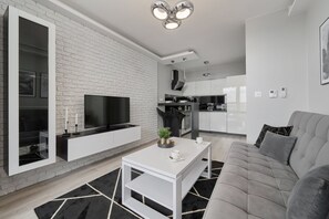 Comfortable, fold-out sofa in the living room. 