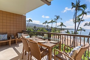 Enjoy dining on the lanai with the amazing view