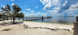 Private beach with fishing dock