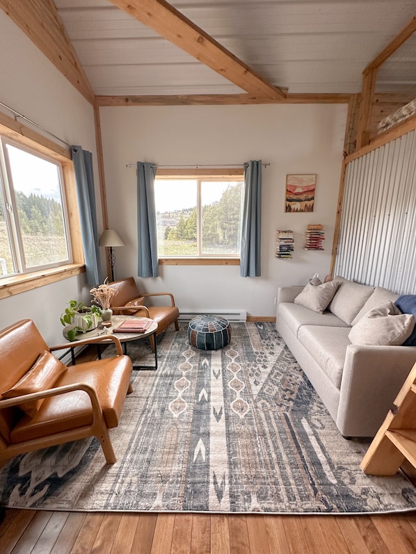 Living room w/ pull-out couch. Extra linens and pillows are in the main bedroom