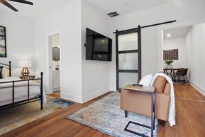 Enjoy the 55" smart TV - we provide Netflix and YouTube TV! It swivels as well :)
