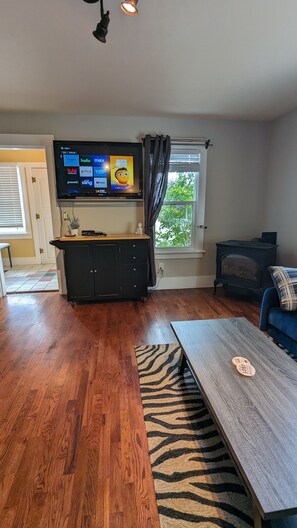 Living room with Roku streaming services on TV