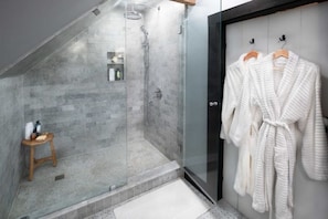Guest Bathroom with large Walk-in Shower, Rainfall Shower Head & Plush Robes.