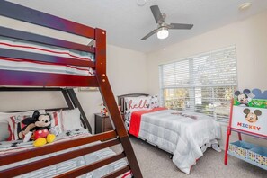 1 twin bed over 1 full bed (bunk beds), 1 single twin bed, upper level, Mickey & Minnie-themed