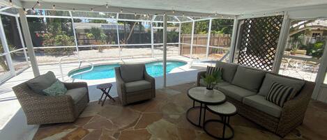 Outdoor patio area 
Pool can be heated  to approx 88 degrees for additional fee