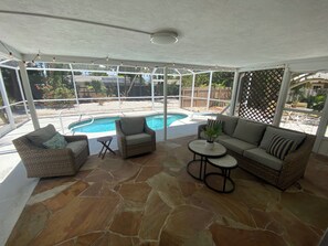 Outdoor patio area 
Pool can be heated  to approx 88 degrees for additional fee