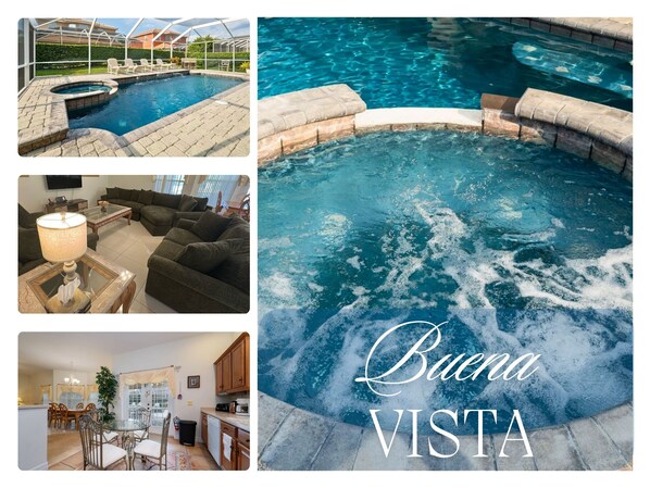 Collage showing pool , living and kitchen rooms