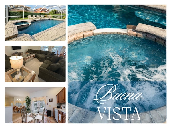 Collage showing pool , living and kitchen rooms