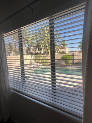 Master bedroom overlooks pool area 