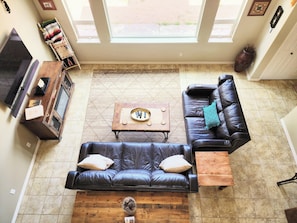 View of the open concept living room from the loft.