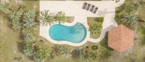 Aerial view of back yard and pool