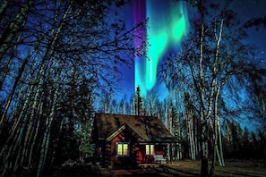 Cabin in the woods with the Northern lights in the sky. 