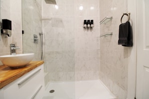 10 inch Rain Shower and 9.5 ft Tall Ceiling.
