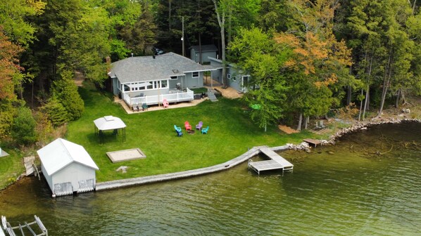 Overhead view of lakeside property