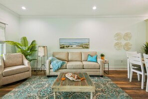 Living room with a fun, beach vibe!