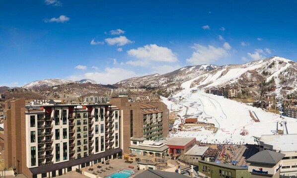 The resort with adjacent lifts and gondola 