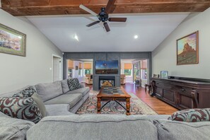 Lounge in style around the see-through fireplace and soak in the mountain charm.