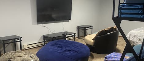 TV Room/ sleeping room with Queen bed, futon with twin bunk bed on top, etc.