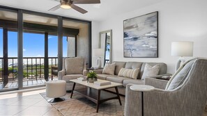 Class and comfort!  Living room overlooks gulf! Smart TV! Sleeper sofa!