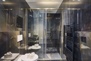 Salle de bain avec douche et toilette