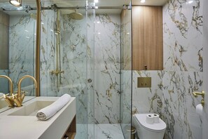 Salle de bain avec douche et toilette