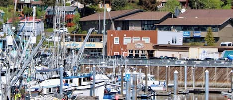 The view of the house from the main harbor in town. Charming A-framed house. 