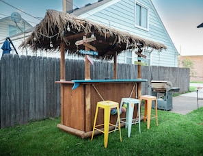 Tiki Bar with electricity for making drinks, and outdoor string lights!