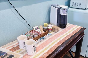 Coffee and tea station with Keurig and R/O filtered water.