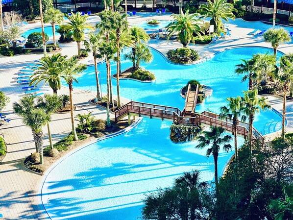 Lagoon Pool in Destin, Heated outdoor pool, Island Style Hot tub and waterfalls