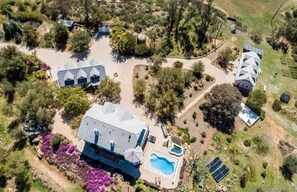 Bird's eye view of Main House (middle), Lodge (right), and Bunkhouse (left)