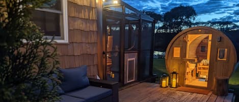 Barrel Sauna with views of the private pond