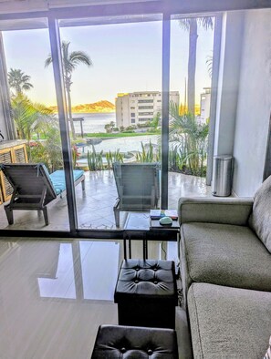 View from the couch overlooking the patio.