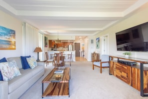 Living and kitchen area has an open concept