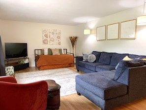 Living Room with 55" Roku Smart TV. Enjoy the comfortable, unique, and retro sofa options. Need extra sleeping space? Comfortable day bed with trundle! 