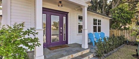 Keyless entry to your vacation home. The front porch is the perfect place to relax and have a glass of wine at sunset. It faces the lake directly across the street 