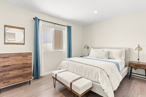 With good quality queen size bed, dresser, side table, lamp and seating furniture. Perfect for relaxing and great sleep after a long day! 