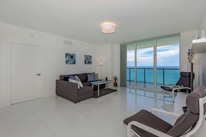Unwind in the cozy living room with stunning ocean vistas.