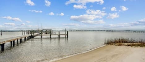 Beach and Pier with picnic table and shower