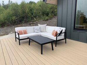 Outdoor seating facing the mountains