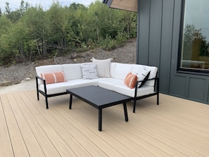 Outdoor seating facing the mountains