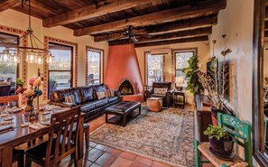 Wood-burning kiva fireplace.